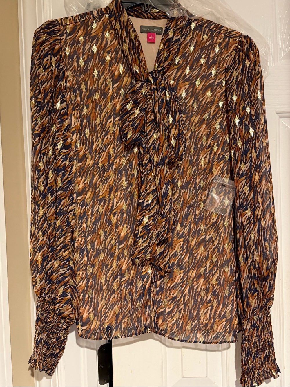 Vince Camuto Brown Navy Abstract Tie-Neck Blouse